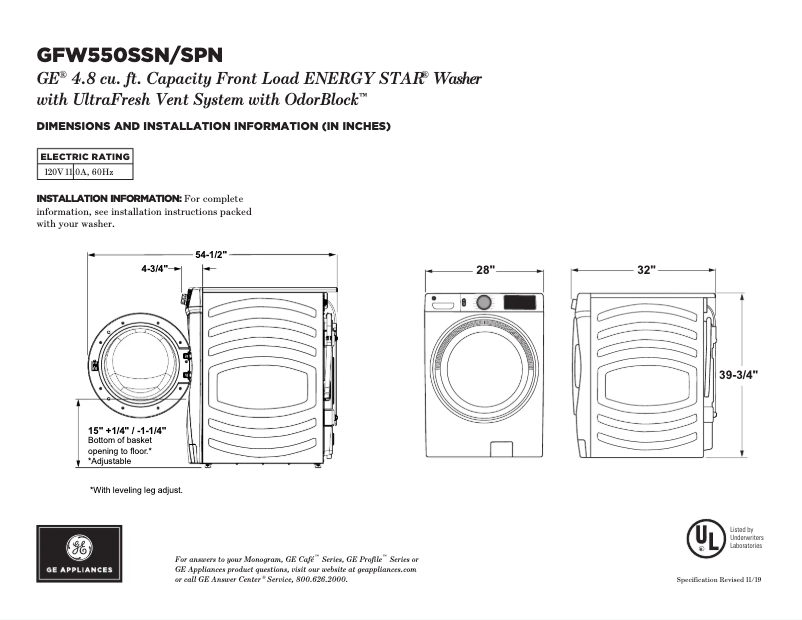 Page n°1 - Fiche technique GE GFW550SPNDG