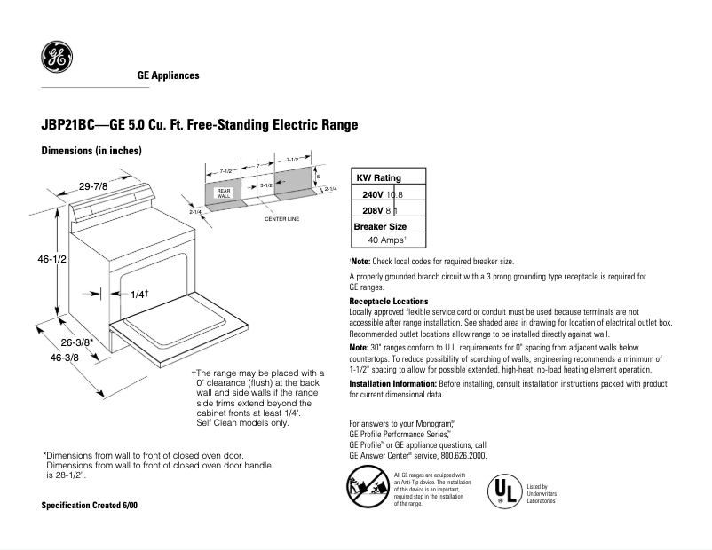 Page 1 de la notice Fiche technique GE JBP21BCAD