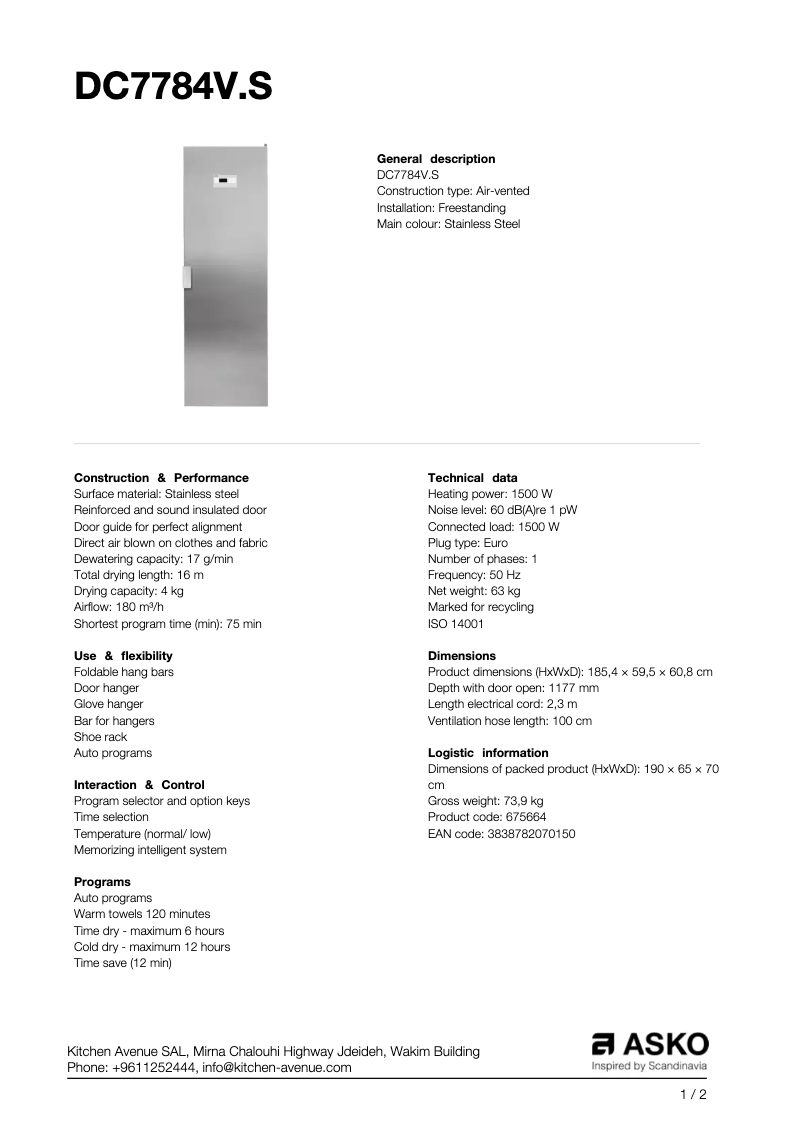 Page n°1 - Fiche technique Asko DC7784VS
