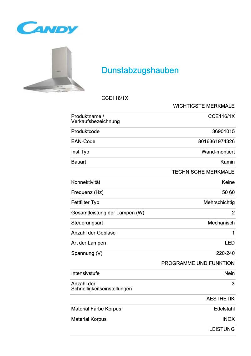 Page 1 de la notice Fiche technique Candy CCE116/1X