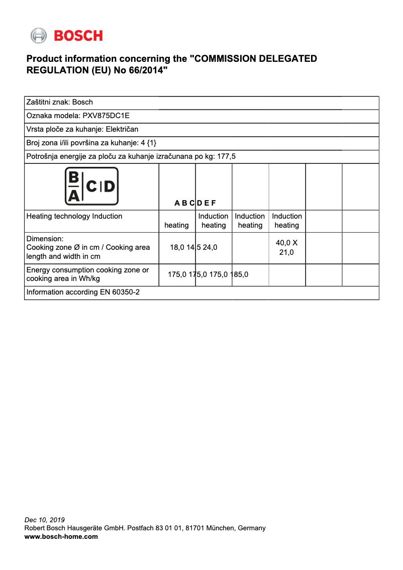 Page 1 de la notice Fiche technique Bosch PXV875DC1E