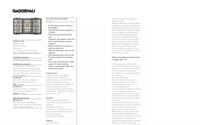 Page n°1 - Fiche technique Gaggenau VG491211CA