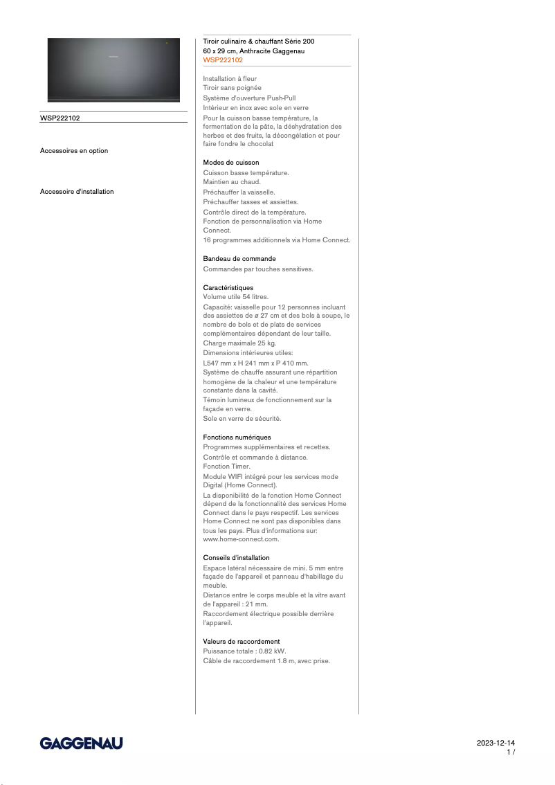 Page 1 de la notice Fiche technique Gaggenau WSP222102