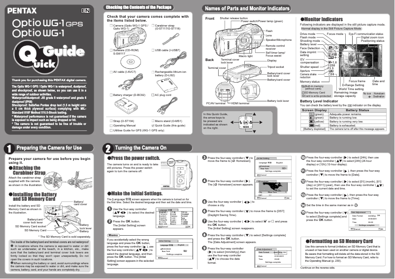 Page 1 de la notice Guide de démarrage rapide Pentax Optio WG-1