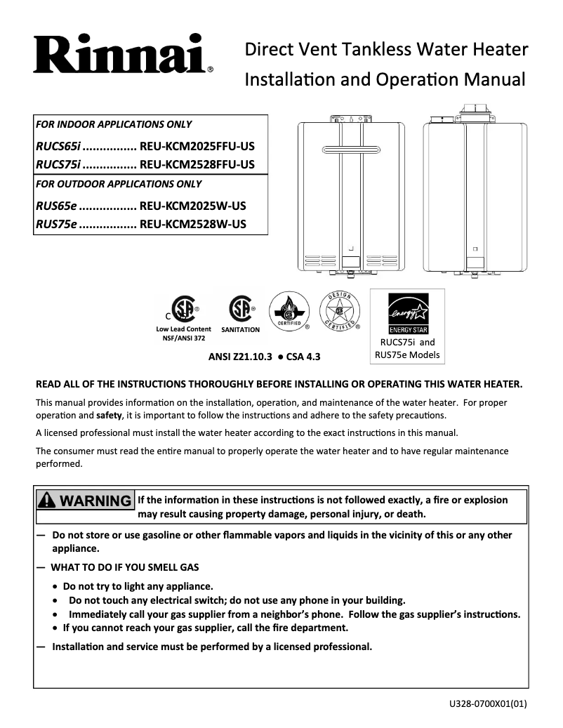 Page 1 de la notice Guide d'installation Rinnai RUS75eP