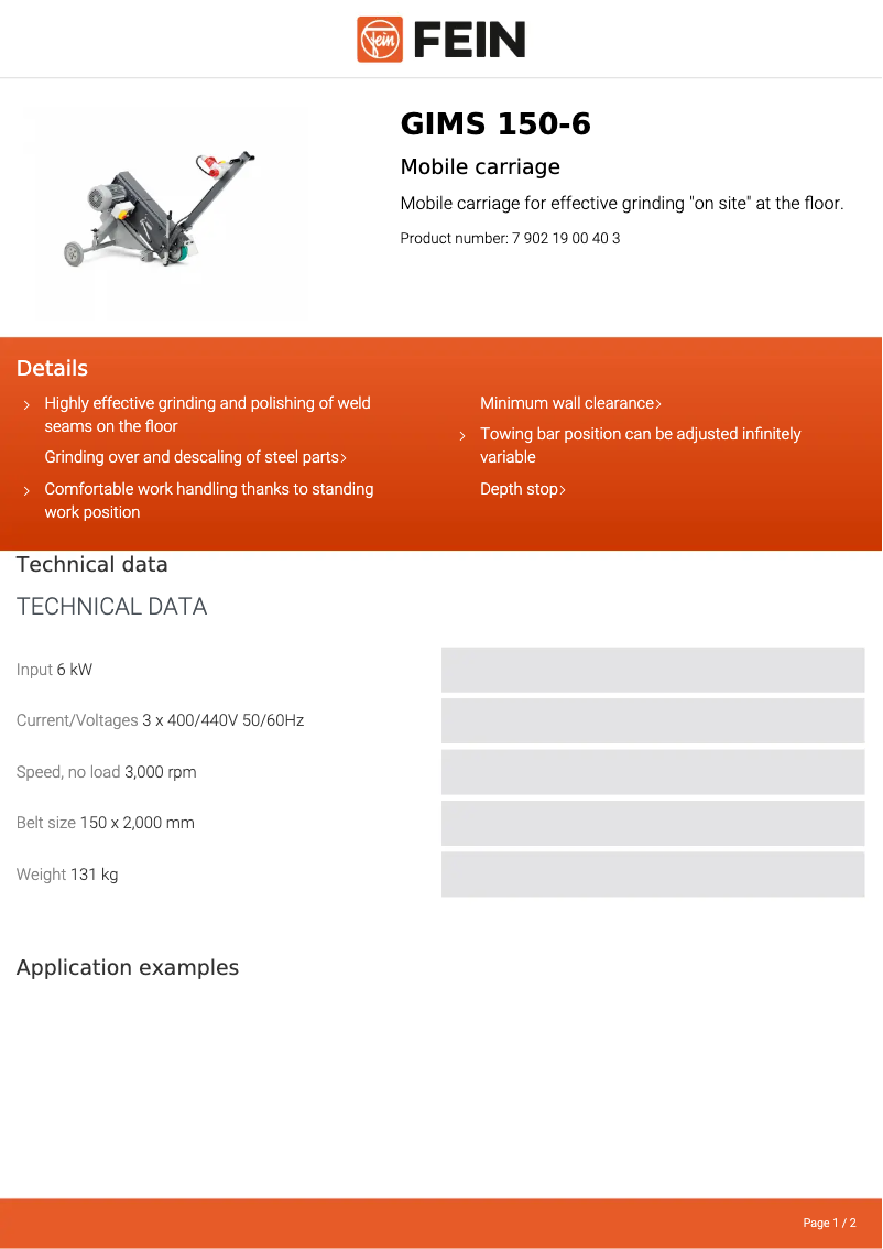 Page 1 de la notice Fiche technique Fein GIMS 150-6