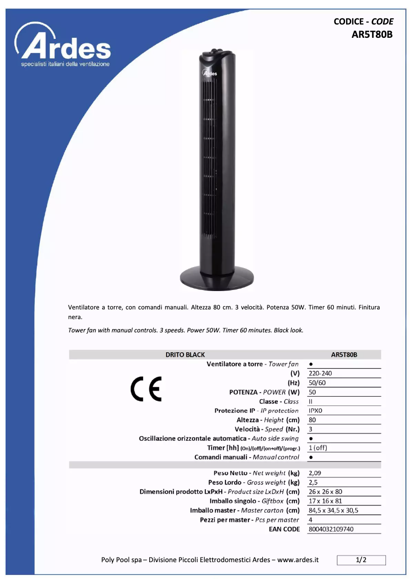 Page n°1 - Fiche technique Ardes AR5T80B