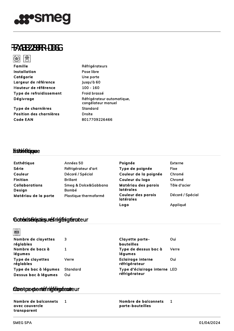Page 1 de la notice Fiche technique Smeg FAB28R