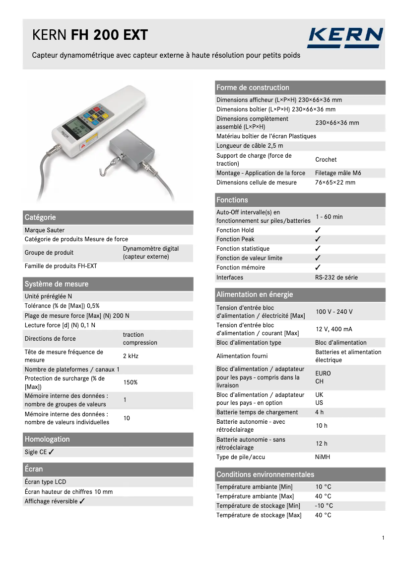 Page 1 de la notice Fiche technique Kern FH 200 EXT