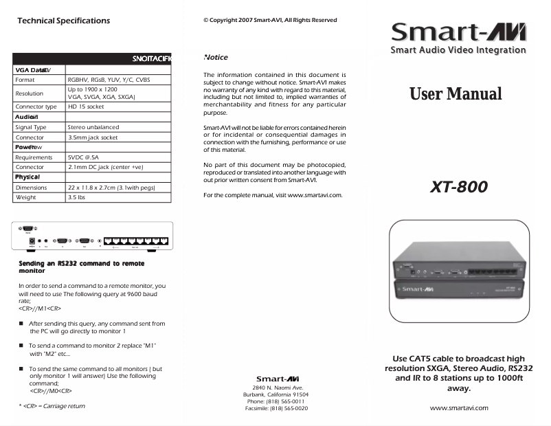 Page 1 de la notice Mode d'emploi Smart-AVI XT-TX800