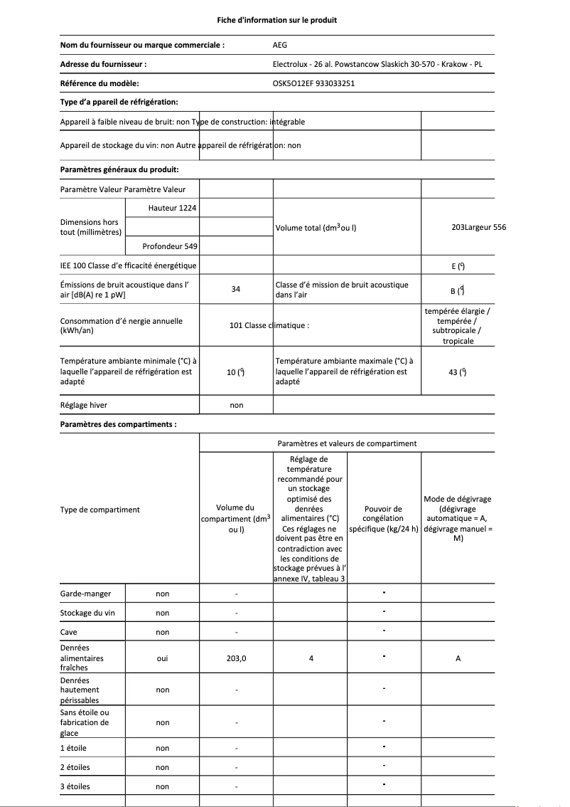 Page 1 de la notice Fiche technique AEG OSK5O12EF