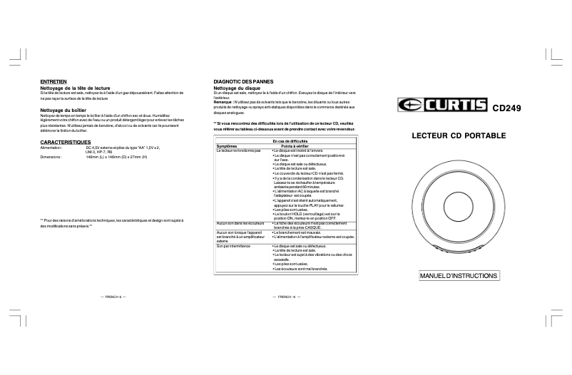 Page 1 de la notice Manuel utilisateur Curtis CD249