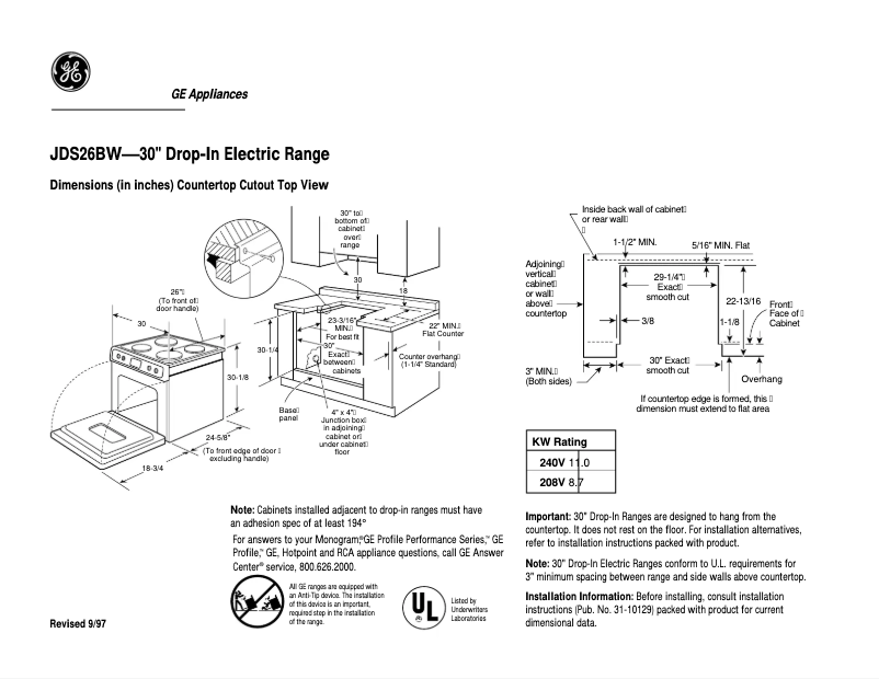 Page 1 of the manual Technical Sheet GE JDS26BDCT