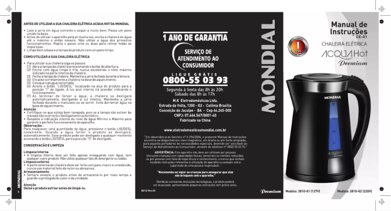 Page 1 de la notice Manuel utilisateur Mondial AcquaHot CE-01