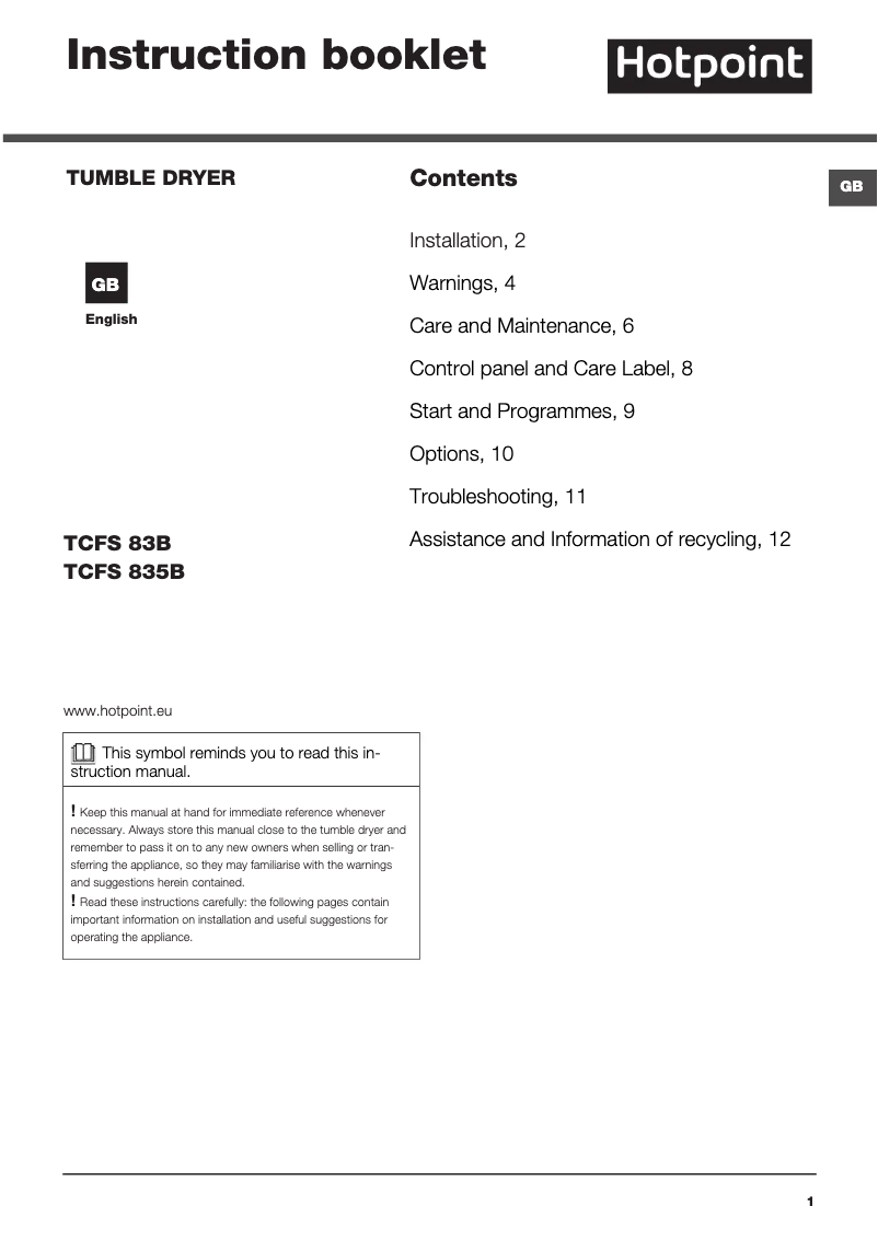 Page 1 de la notice Manuel utilisateur Hotpoint TCFS 83B GK.9 (UK)