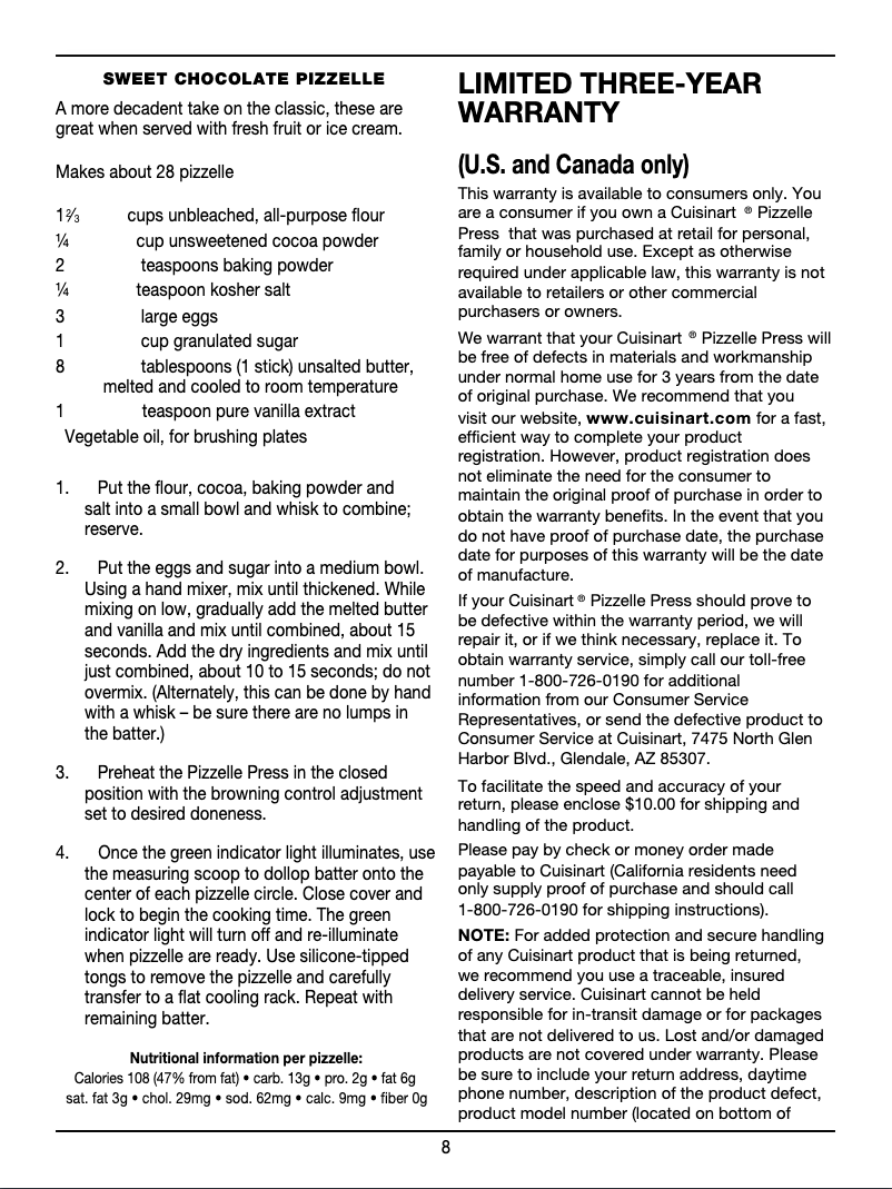 Page 1 de la notice Manuel utilisateur Cuisinart Pizzelle Press WM-PZ10