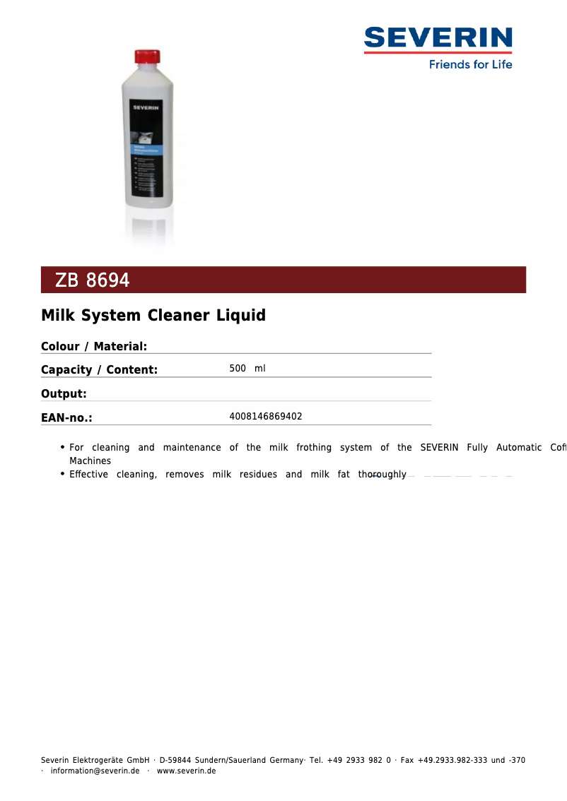 Page 1 de la notice Manuel utilisateur Severin ZB 8694