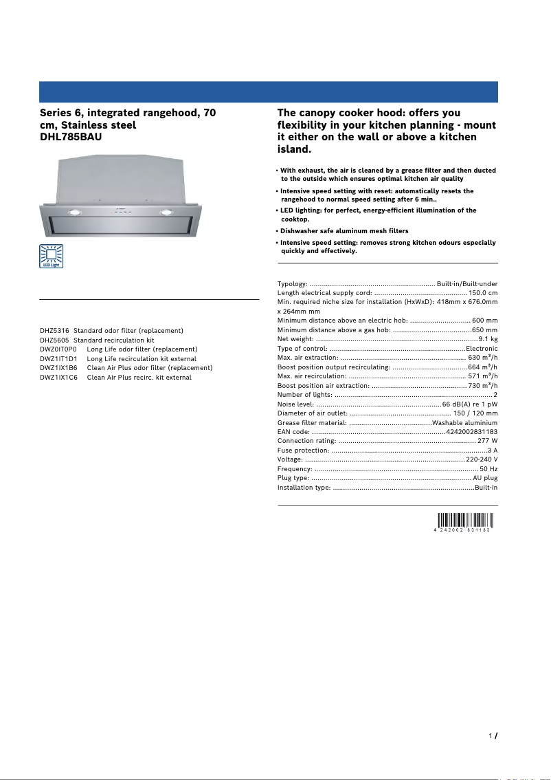 Page 1 of the manual Technical Sheet Bosch DHL785BAU