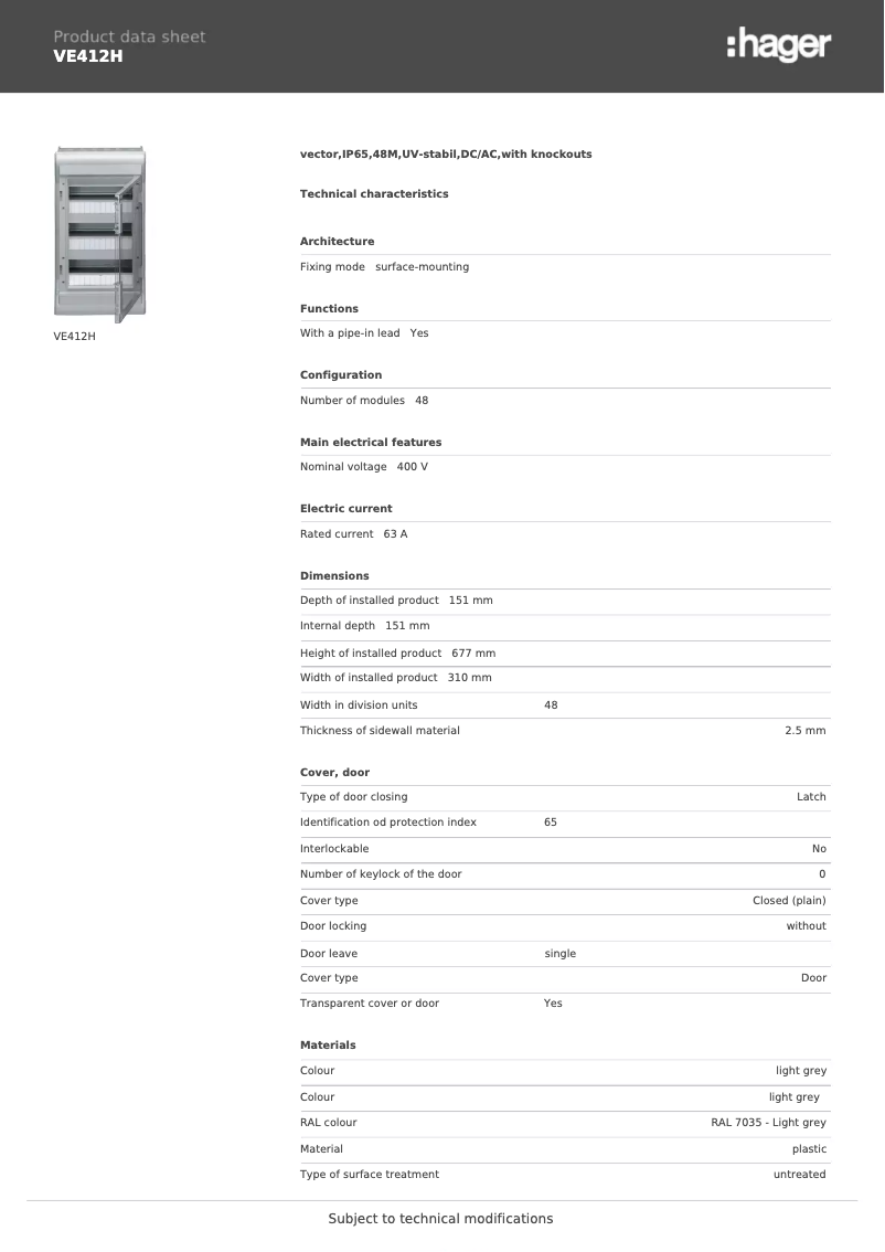 Page 1 of the manual Technical Sheet Hager VE412H