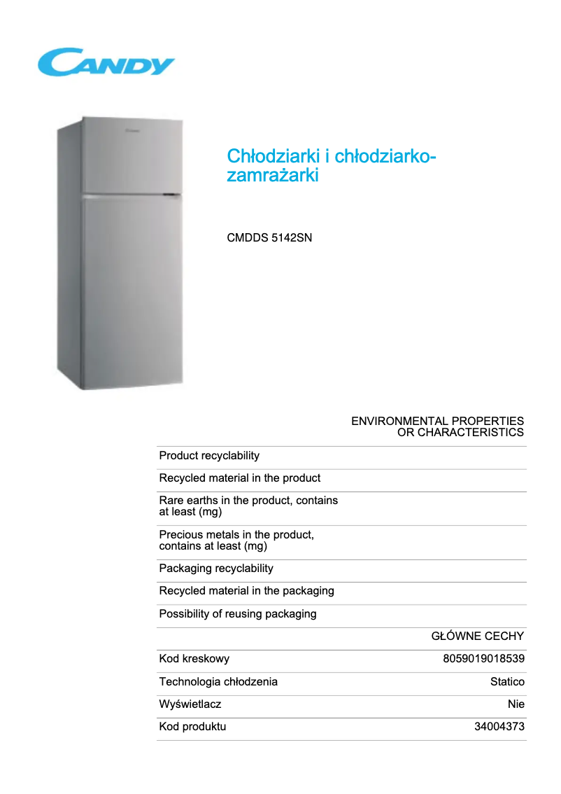 Page 1 de la notice Fiche technique Candy CMDDS 5142SN
