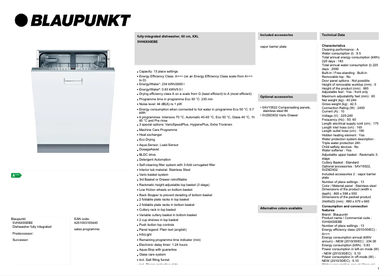 Page 1 de la notice Fiche technique Blaupunkt 5VH6X00EBE