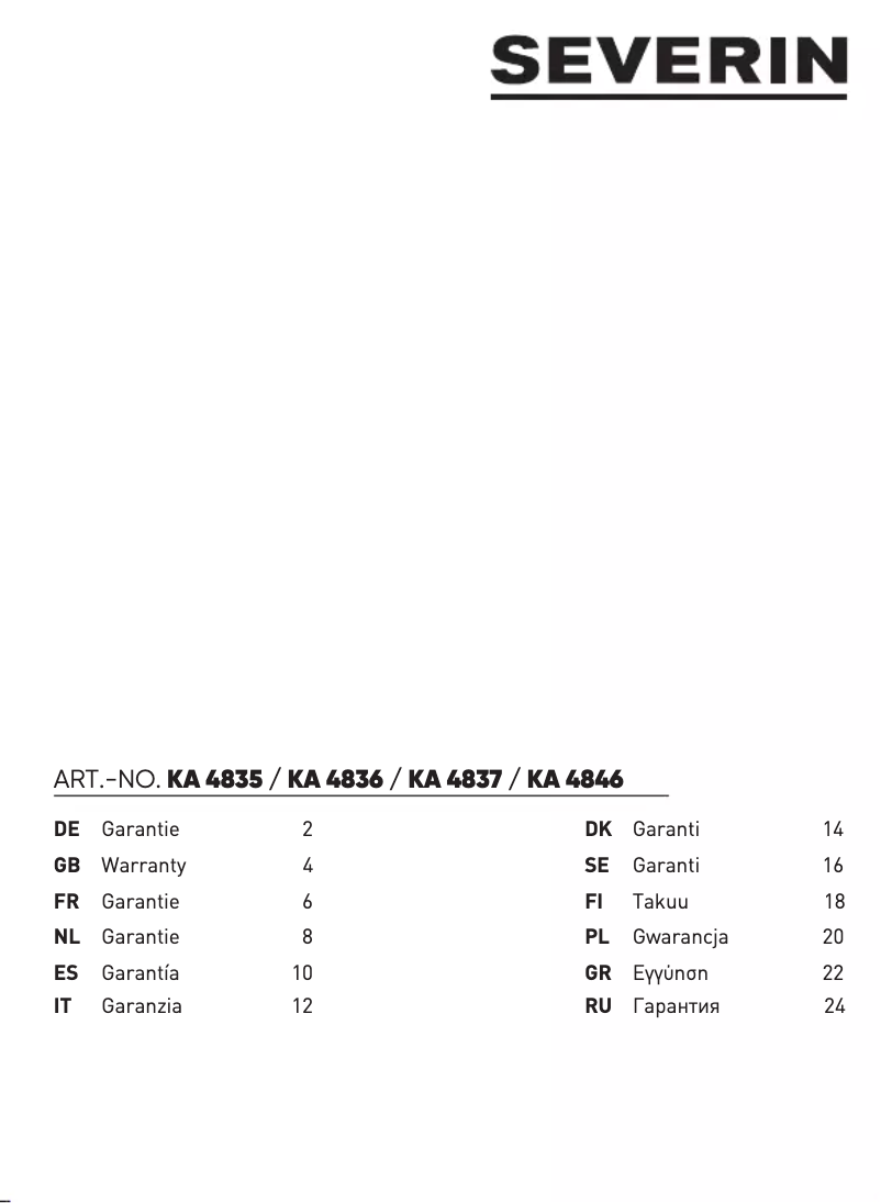 Page n°1 - Informations de garantie Severin KA 4835