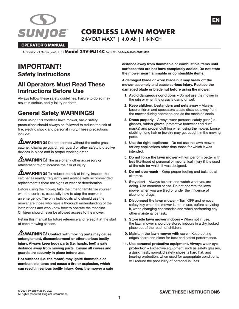 Page 1 de la notice Manuel utilisateur Sun Joe 24V-MJ14C