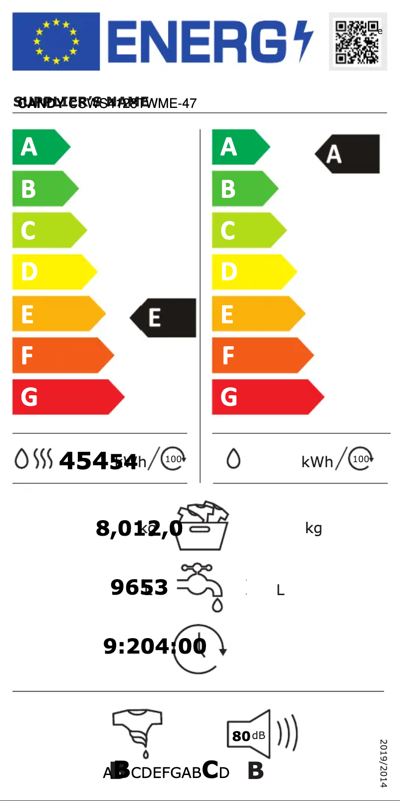 Page 1 de la notice Label énergétique Candy CSWS4128TWME-47