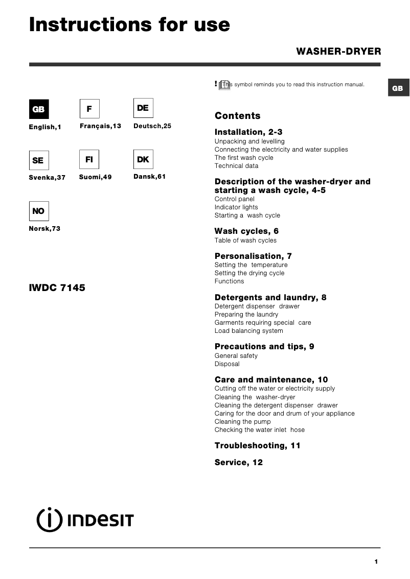 Page n°1 - Manuel utilisateur Indesit IWDC 7145