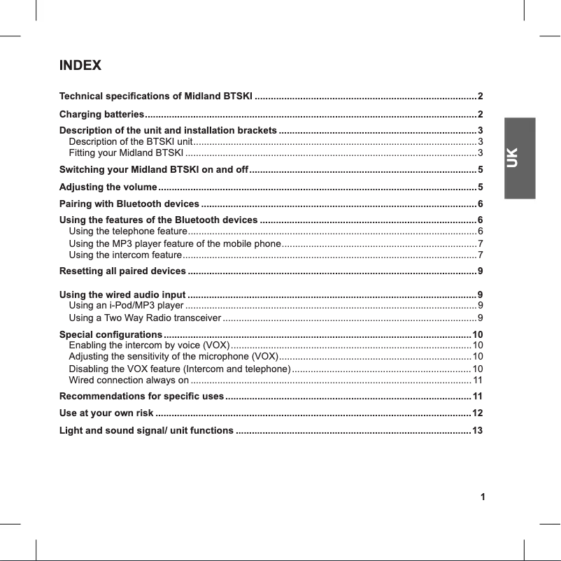 Page 1 de la notice Manuel utilisateur Midland BT Ski