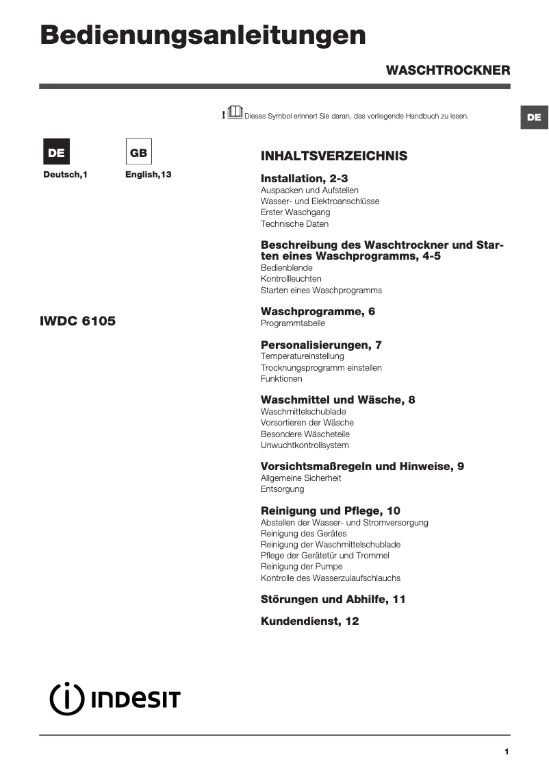 Page 1 de la notice Manuel utilisateur Indesit IWDC 6105 (DE)