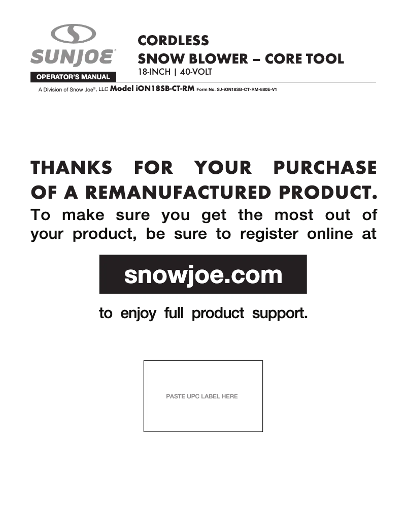 Page 1 de la notice Manuel utilisateur Snow Joe ION18SB-CT-RM