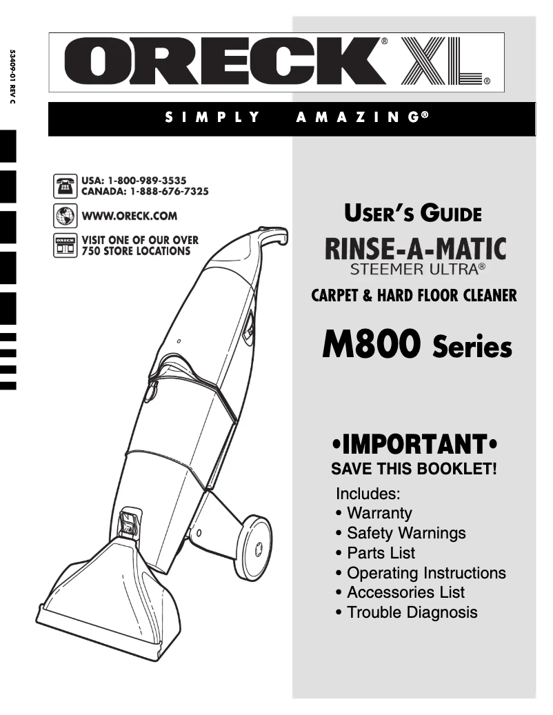 Page 1 de la notice Manuel utilisateur Oreck Steamer M800