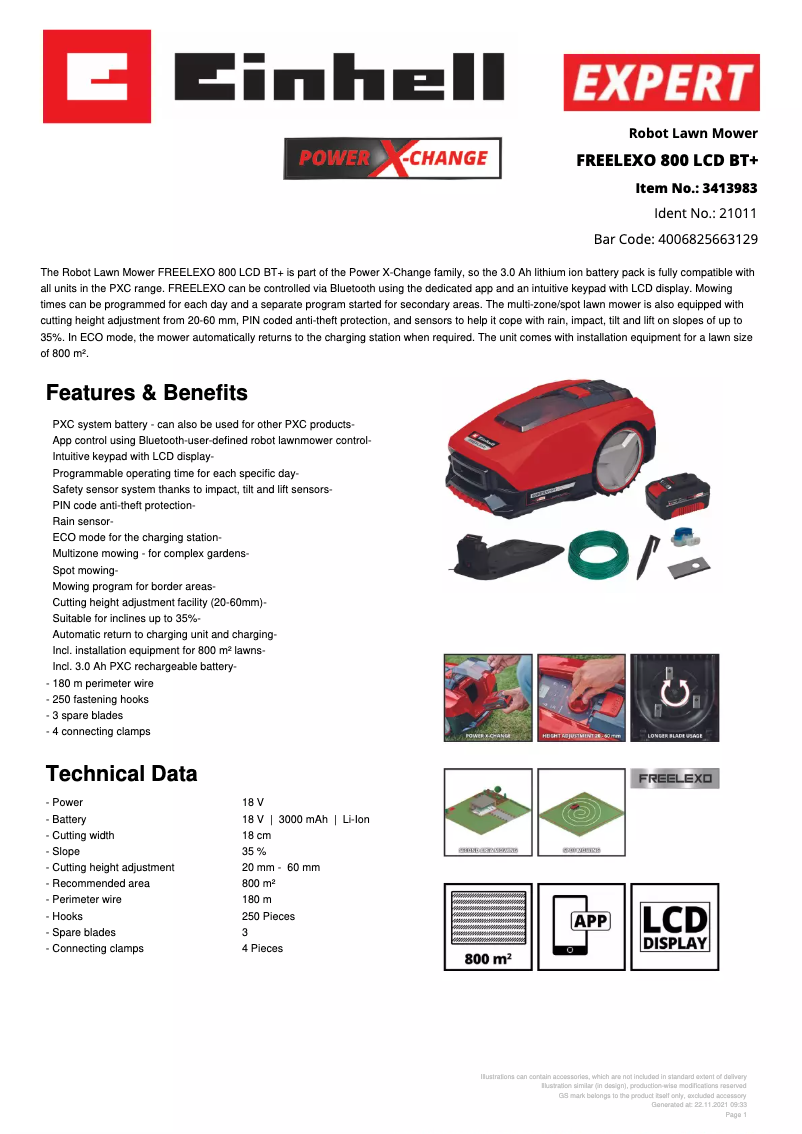 Página 1 del manual Ficha técnica Einhell FREELEXO 800 LCD BT+