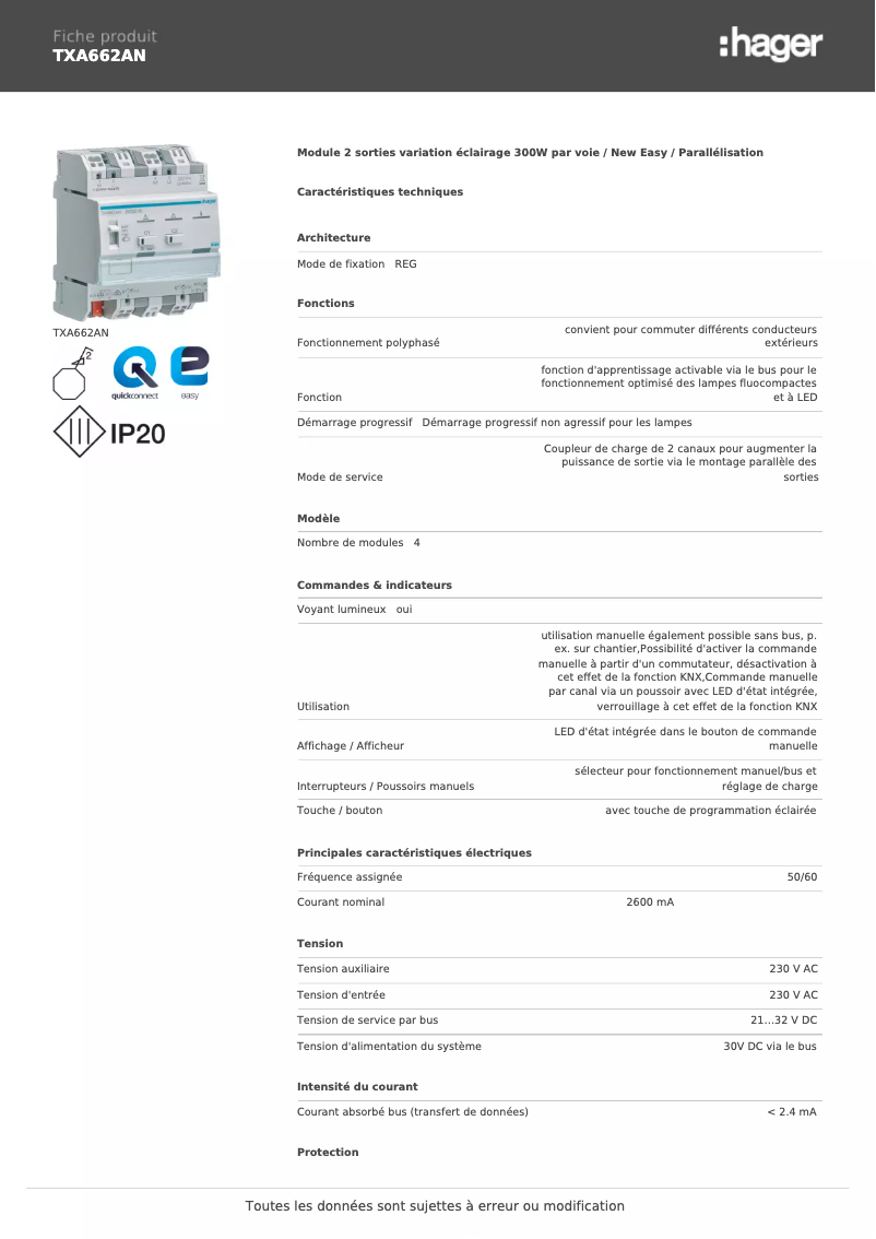 Page 1 de la notice Fiche technique Hager TXA662AN