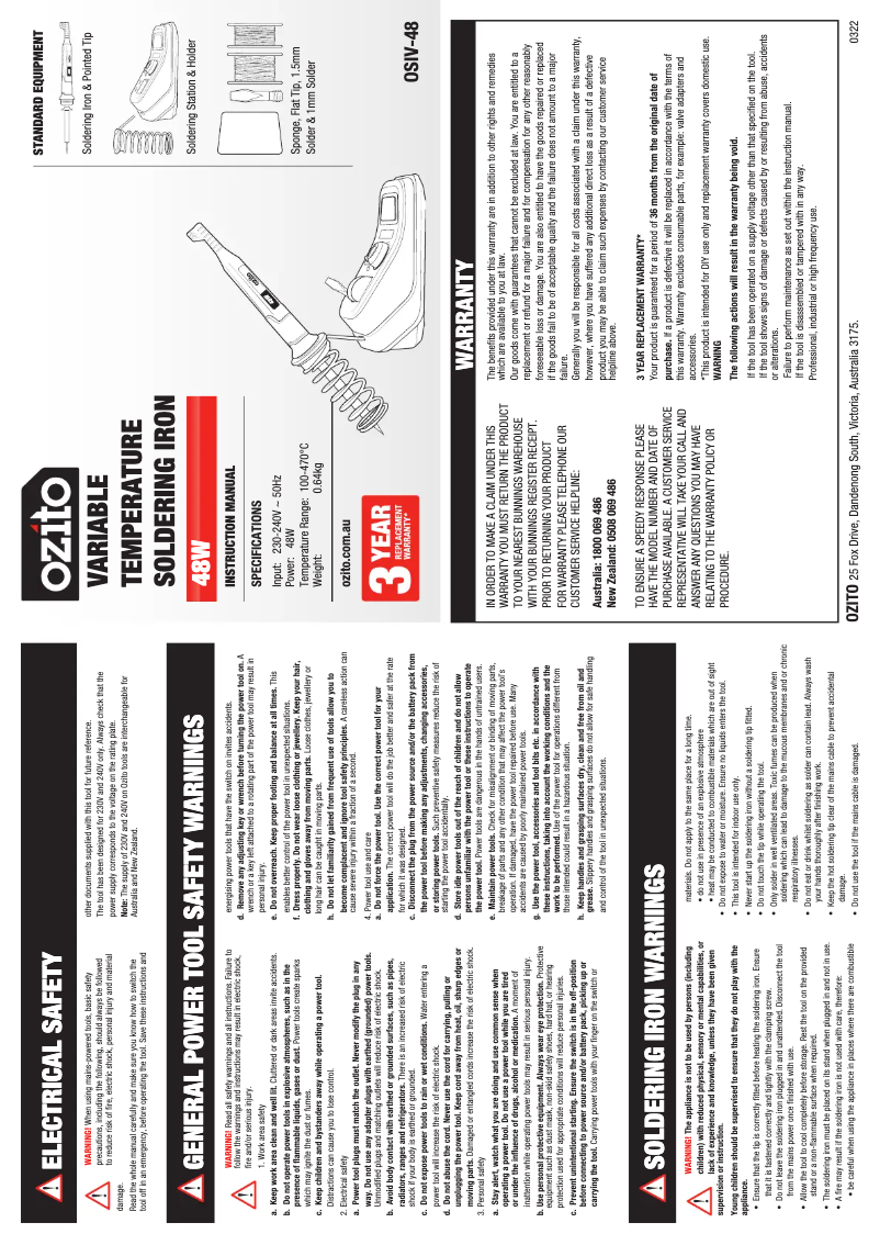 Page 1 de la notice Manuel utilisateur Ozito OSIV-48