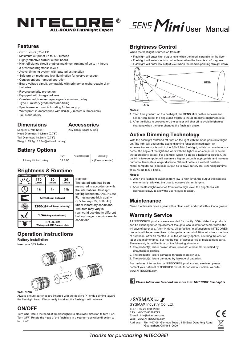 Page 1 de la notice Manuel utilisateur Nitecore SENS Mini