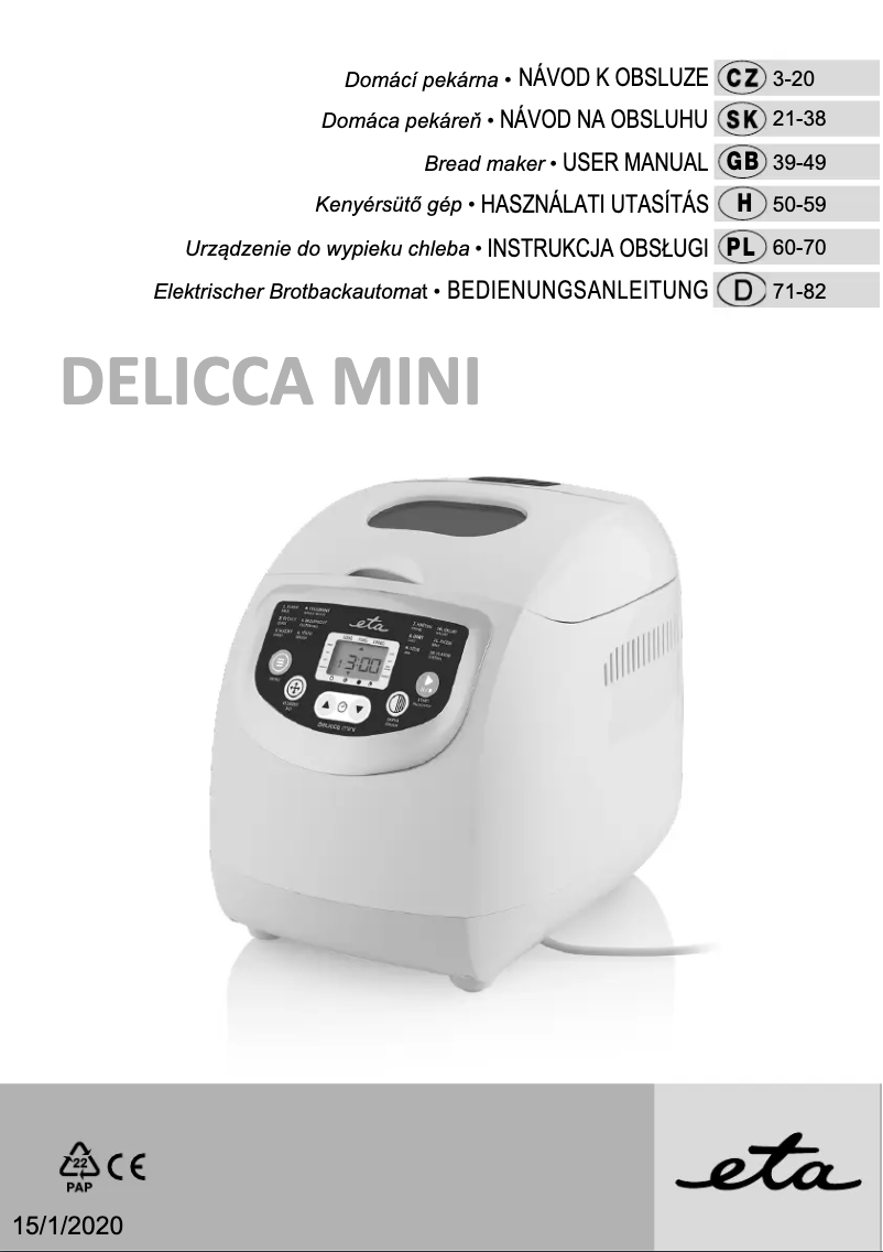 Page 1 de la notice Manuel utilisateur Eta Delicca Mini