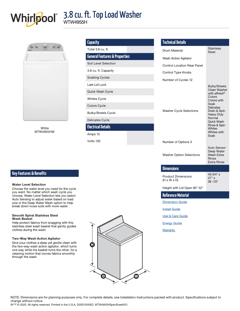 Page n°1 - Fiche technique Whirlpool WTW4955HW