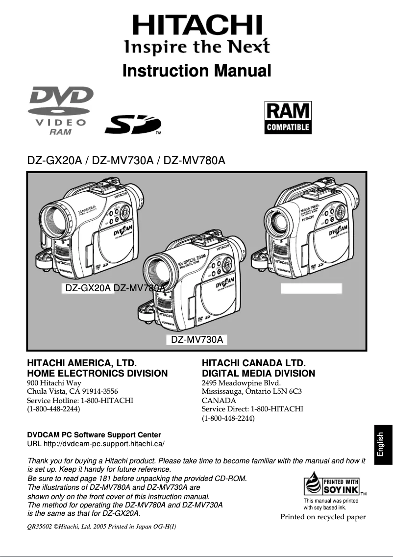 Image de la première page du manuel de l'appareil DZ-MV780A