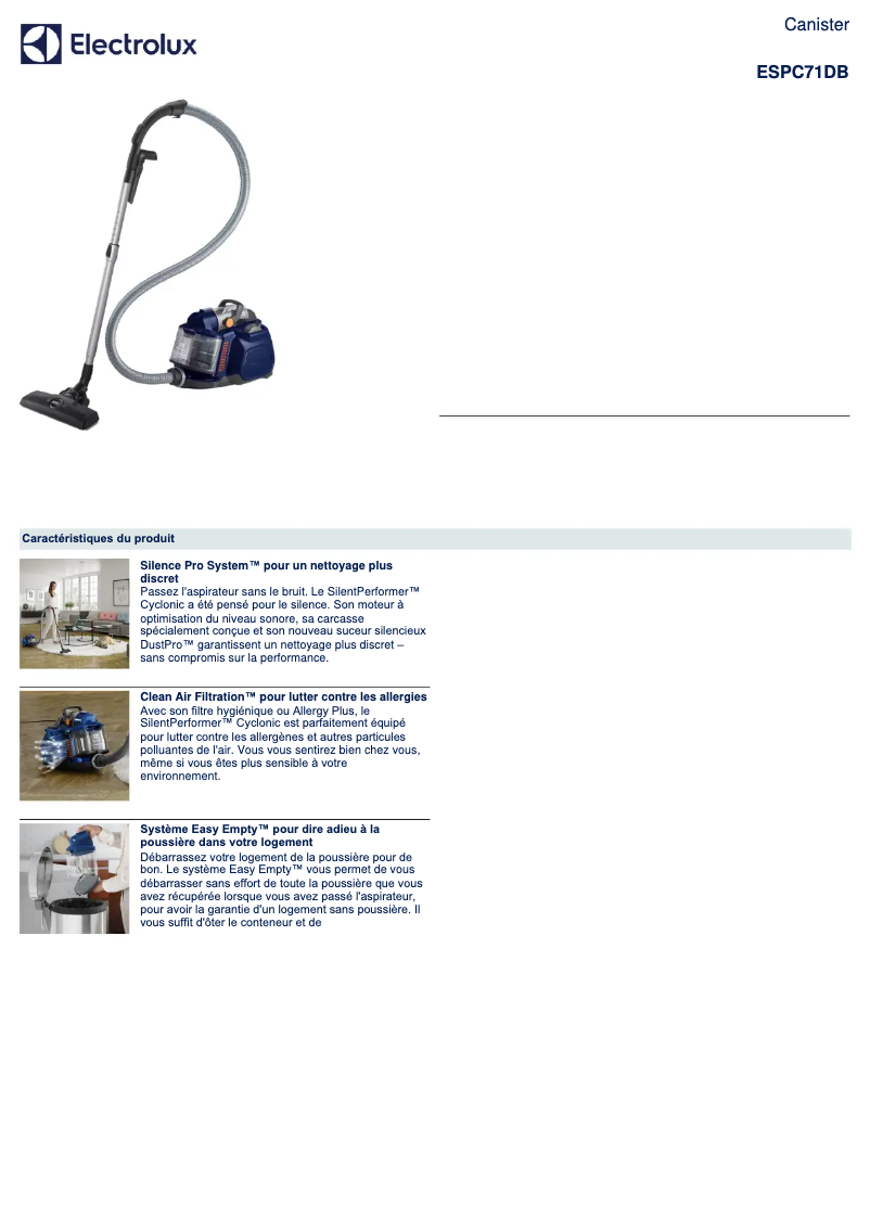 Página 1 del manual Ficha técnica Electrolux ESPC71DB