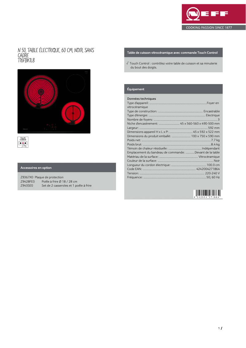 Page 1 de la notice Fiche technique Neff T16FBK1L8