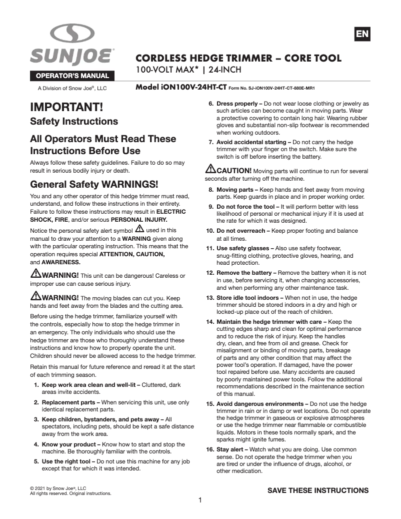 Page n°1 - Manuel utilisateur Sun Joe ION100V-24HT-CT