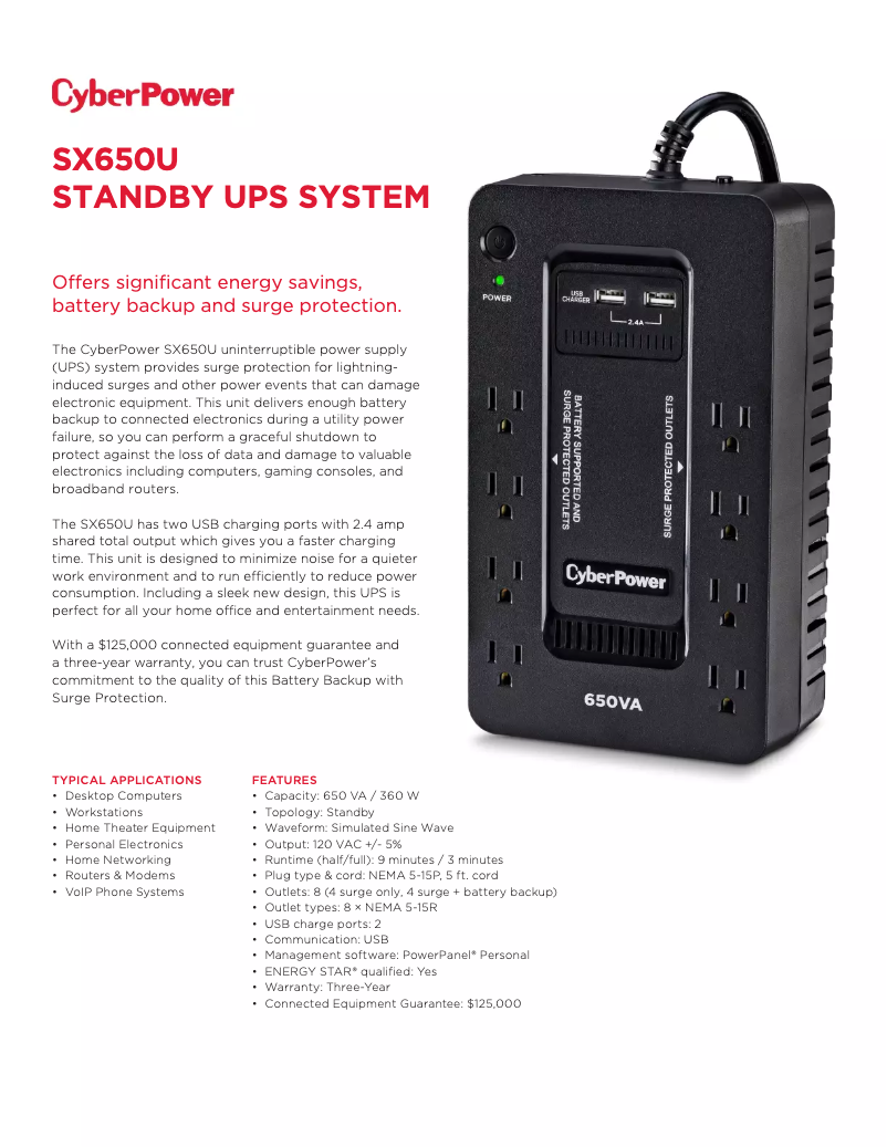 Page 1 de la notice Fiche technique CyberPower SX650U