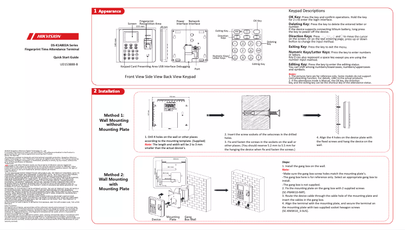 Page 1 de la notice Guide de démarrage rapide Hikvision DS-K1A802AF