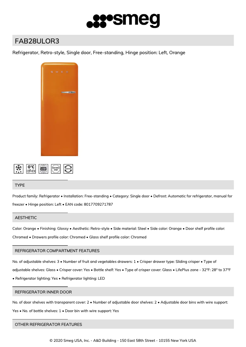 Page 1 de la notice Fiche technique Smeg FAB28ULOR3