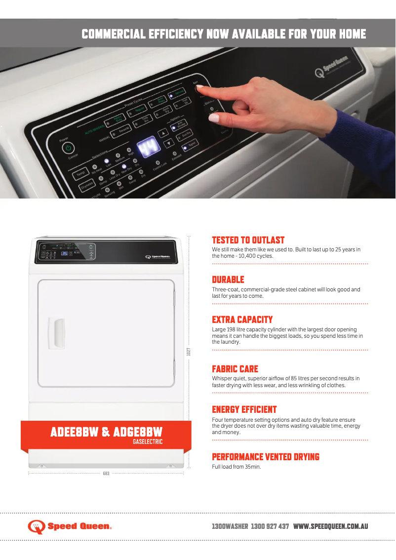 Page 1 de la notice Fiche technique Speed Queen ADGE8B