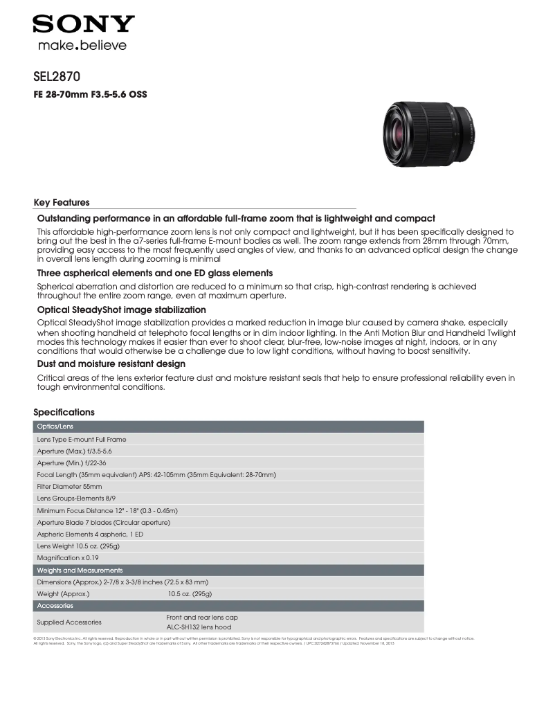 Page 1 de la notice Fiche technique Sony FE 28-70mm F3.5-5.6 OSS