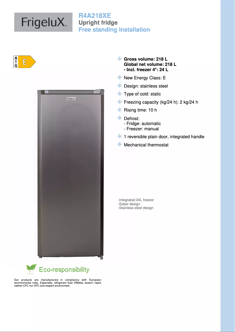 Page n°1 - Fiche technique FrigeluX R4A218XE