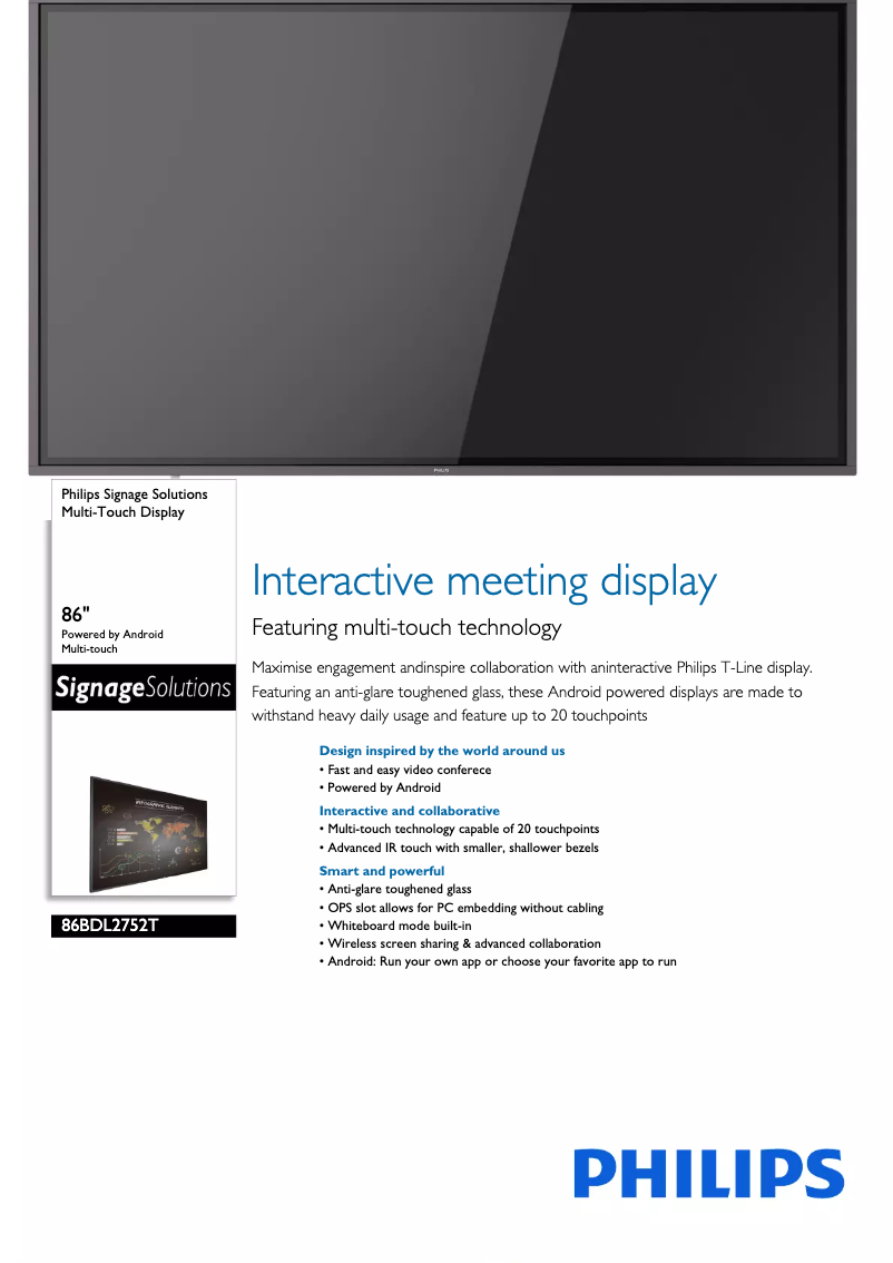 Page 1 of the manual Technical Sheet Philips 86BDL2752T